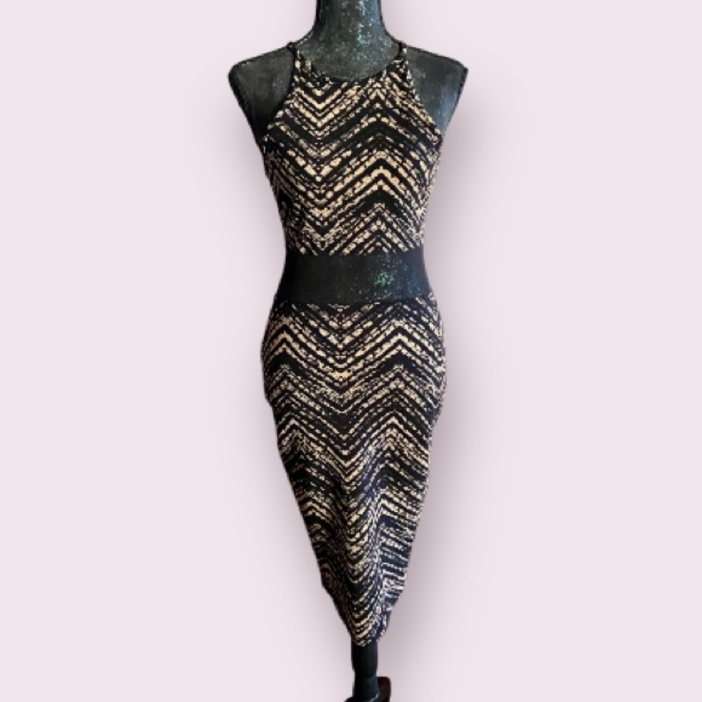 Lovely Day Black & Tan Patterned High Neck Mesh Panel Bodycon Midi Dress